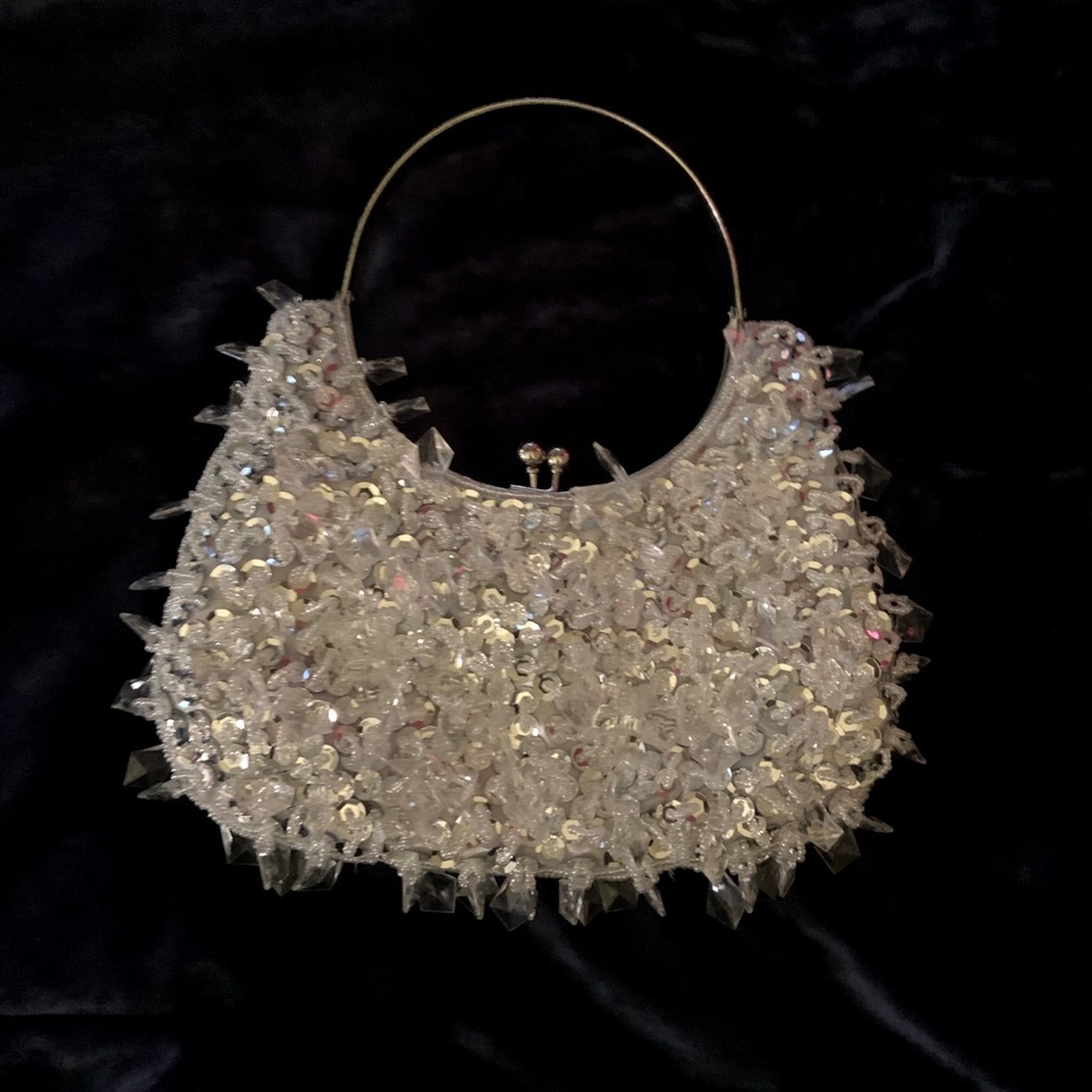 NWOT Silver Sequined & Beaded Evening Bag with Top Handle. Excellent condition.